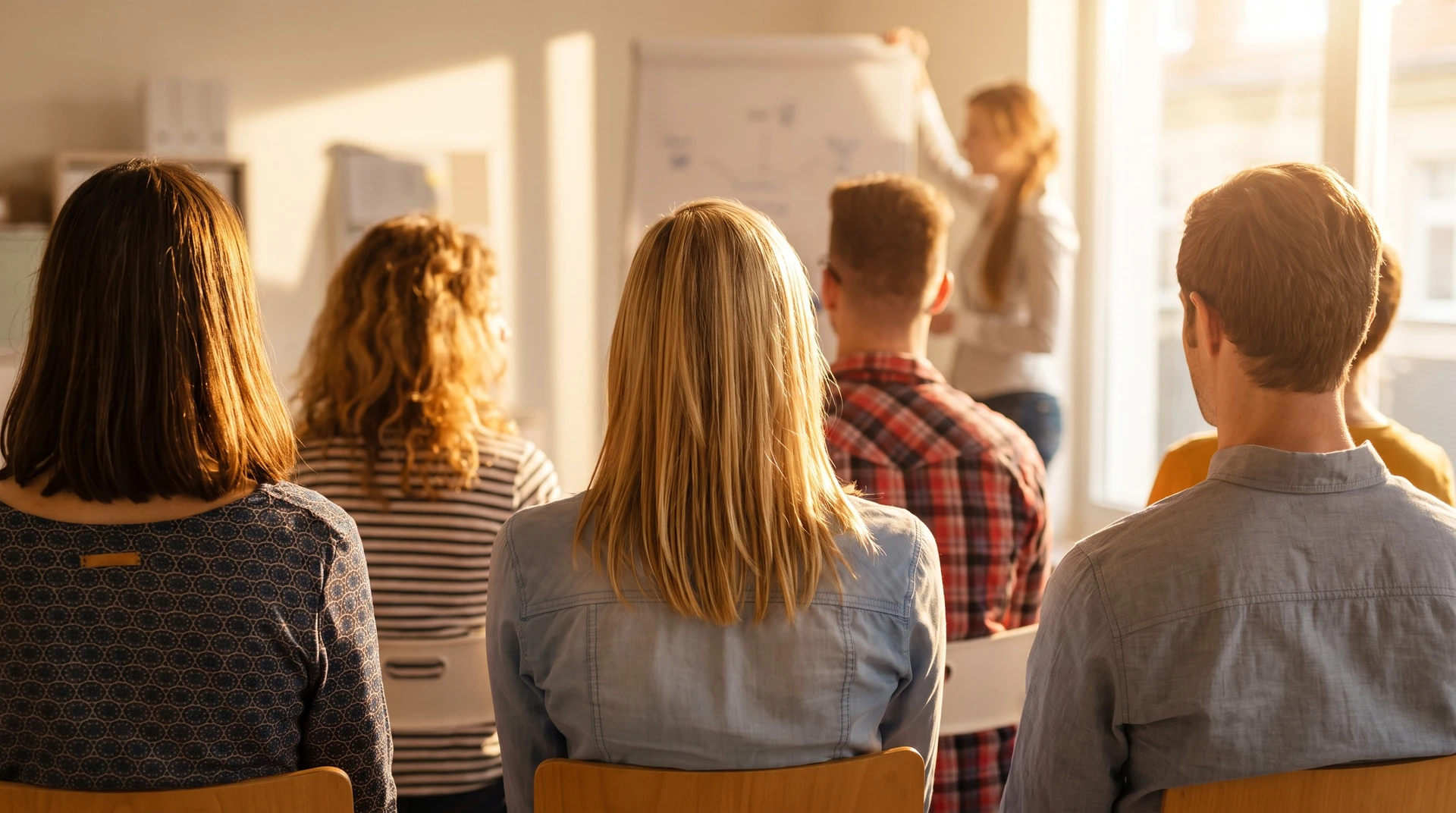 Salle de formation moderne avec groupe d'adultes assis face à une formatrice debout devant tableau blanc